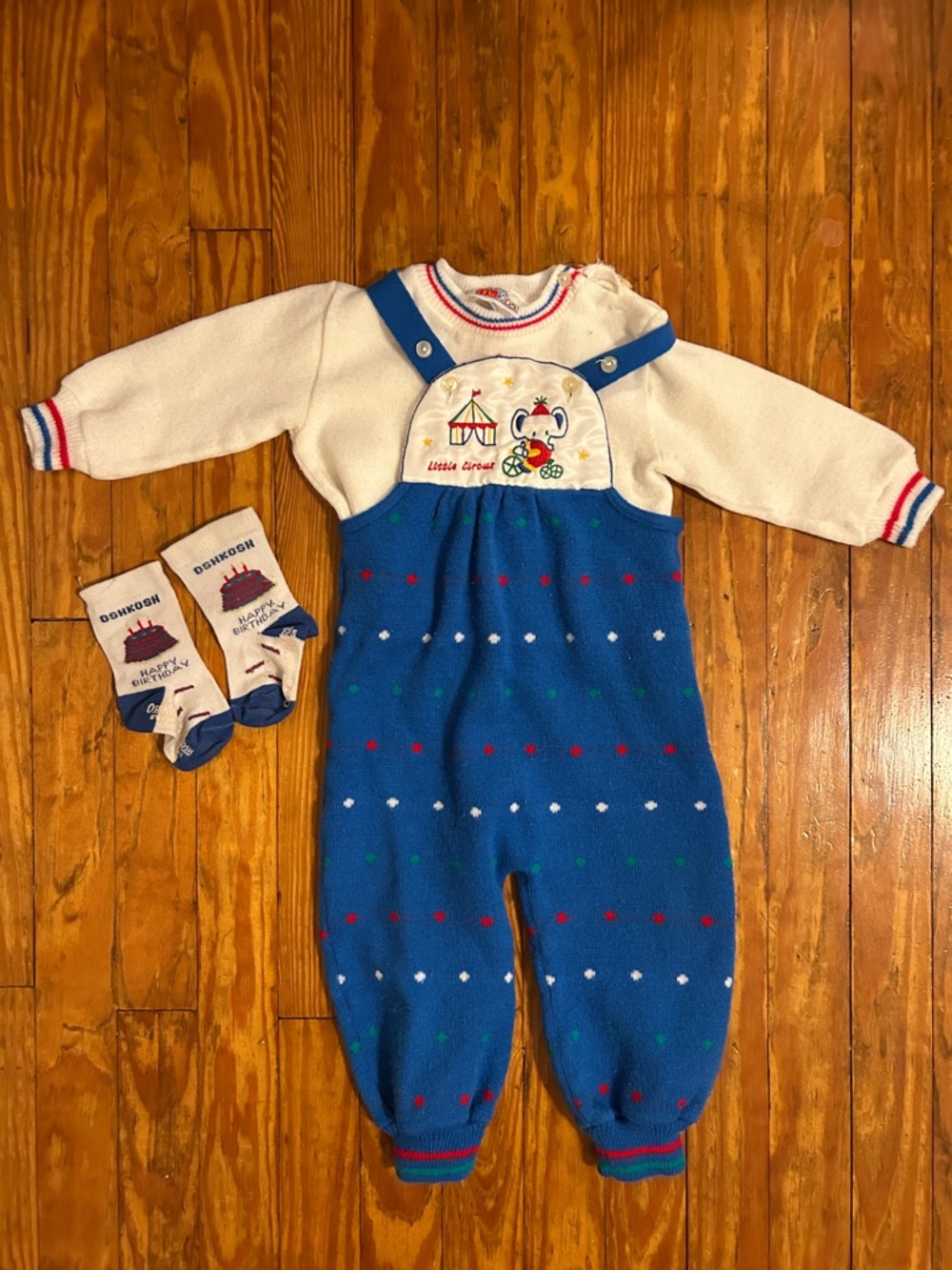 McKids Vintage Pullover & Blue Knit Overalls Matching Set with Oshkosh socks